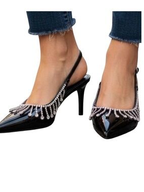 🟢 Steve Madden THRILL Black Patent Rhinestone Slingbacks